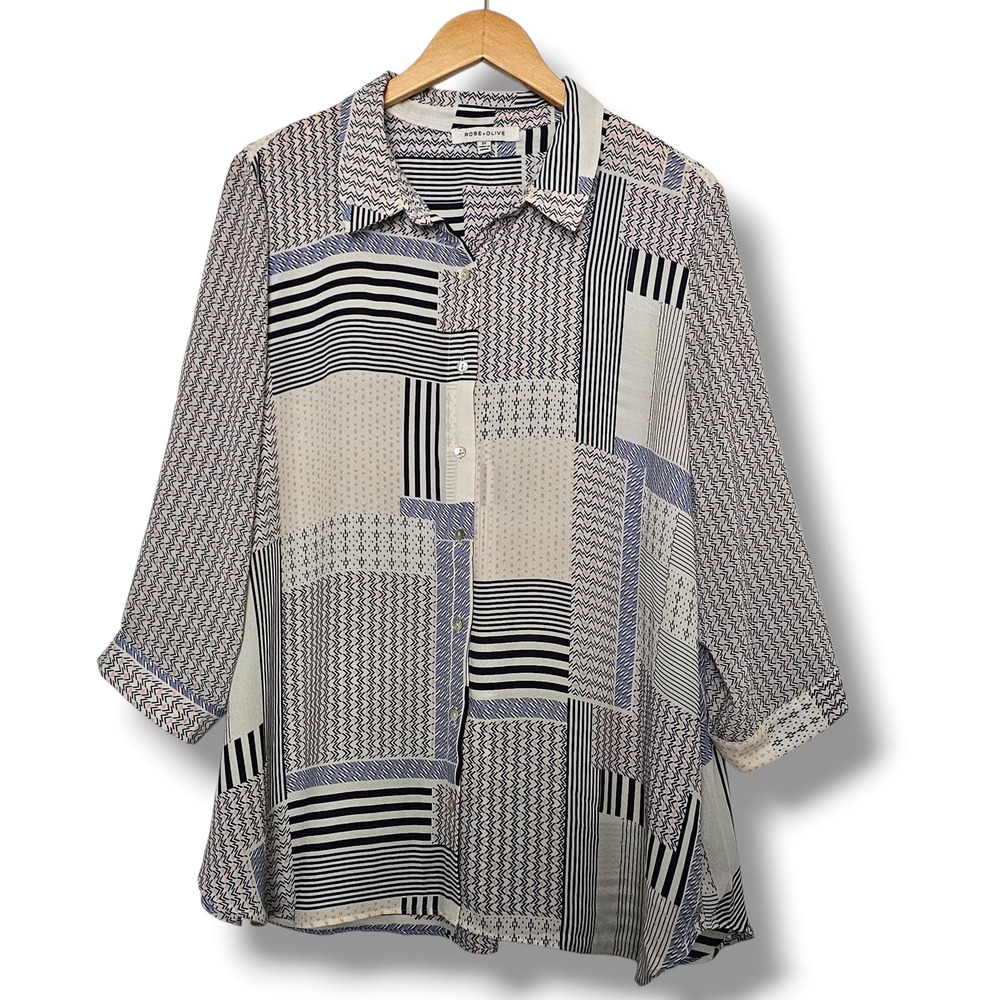 Rose + Olive Button Down Shirt 2X Womens Navy White Patchwork 3/4 Sleeve Chic